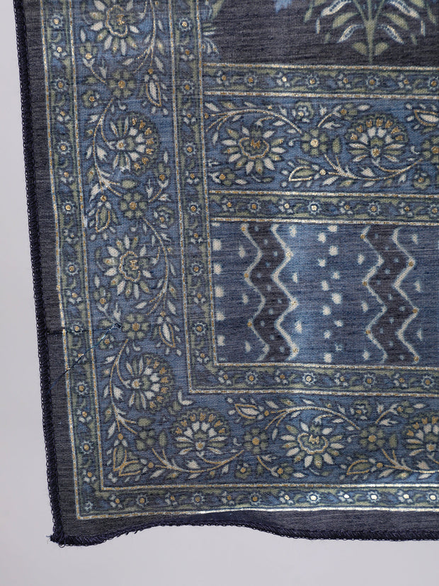 Women Grey & Navy Blue Ethnic Printed Straight Kurta With Palazzo And Printed Dupatta