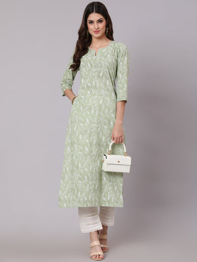 Women Green Printed Straight Kurta and White Solid Palazzo With Lace Detail