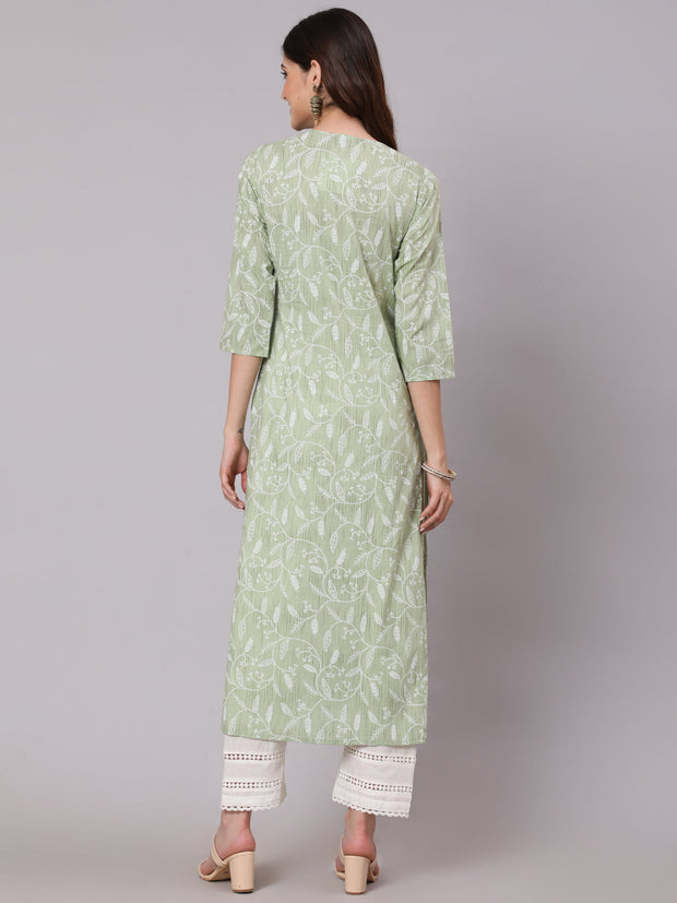 Women Green Printed Straight Kurta and White Solid Palazzo With Lace Detail