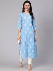 Women Light Blue Printed Straight Kurta With Trouser And Lace Details