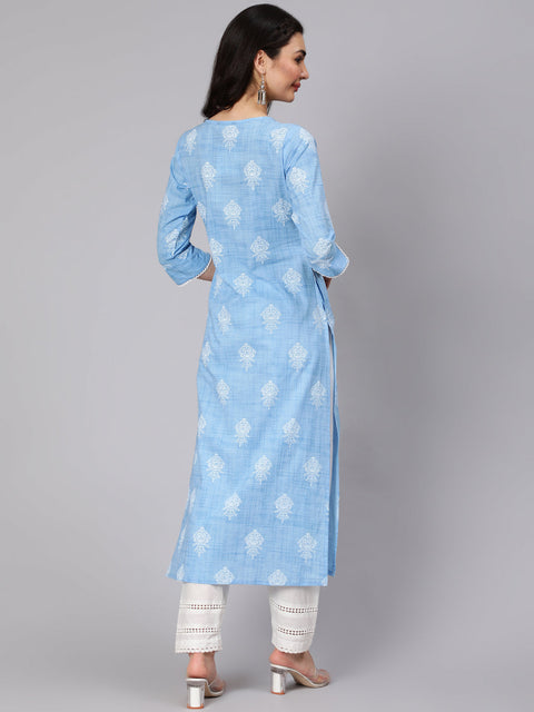 Women Light Blue Printed Straight Kurta With Trouser And Lace Details