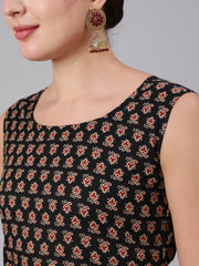 Women Black & Maroon Ethnic Motif Printed Sleevesless Straight Kurta With Palazzo And Dupatta