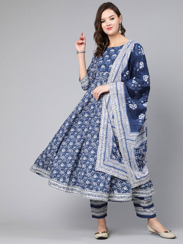 Women Blue Ethnic Printed Flared Kurta With Trouser And Dupatta