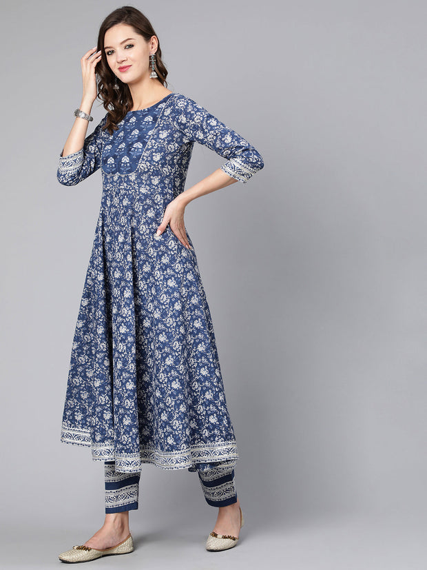 Women Blue Ethnic Printed Flared Kurta With Trouser And Dupatta