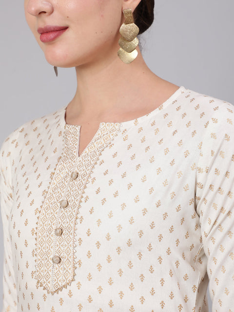 Women White & Gold Printed Lace Details Lurta With Palazzo And Net Sequence Dupatta