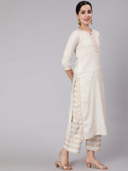 Women White & Gold Printed Lace Details Lurta With Palazzo And Net Sequence Dupatta