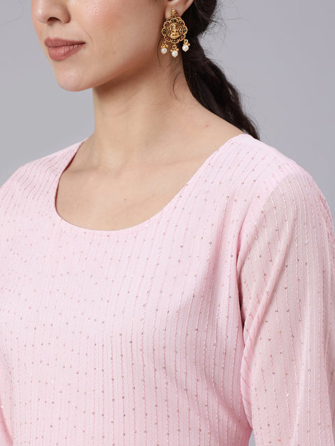 Women Pink Sequence Georgette Kurta With Palazzo And Net Dupatta