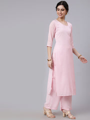 Women Pink Sequence Georgette Kurta With Palazzo And Net Dupatta