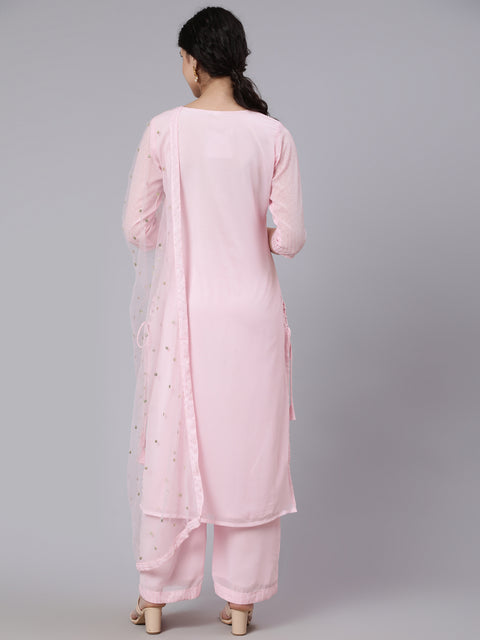 Women Pink Sequence Georgette Kurta With Palazzo And Net Dupatta