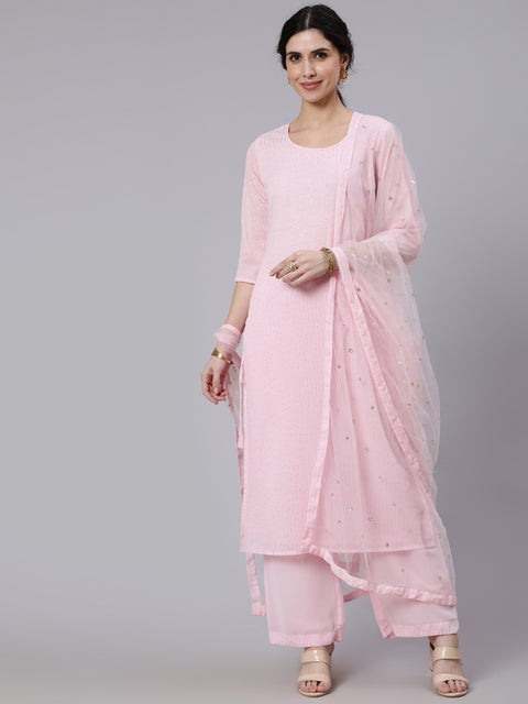 Women Pink Sequence Georgette Kurta With Palazzo And Net Dupatta