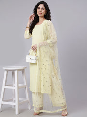 Women Yellow Sequence Georgette Kurta With Palazzo And Net Dupatta