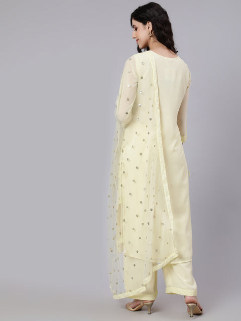 Women Yellow Sequence Georgette Kurta With Palazzo And Net Dupatta