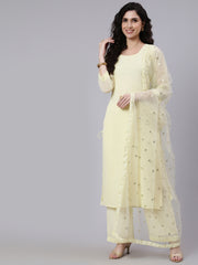 Women Yellow Sequence Georgette Kurta With Palazzo And Net Dupatta