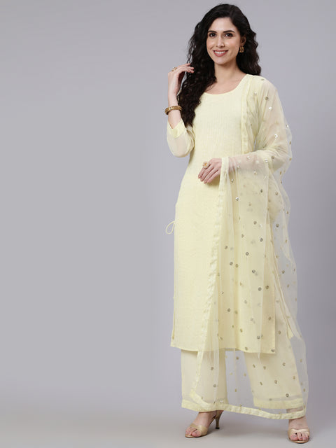 Women Yellow Sequence Georgette Kurta With Palazzo And Net Dupatta