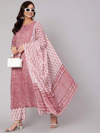 Women Purple Floral Straight Kurta With Palazzo And Dupatta