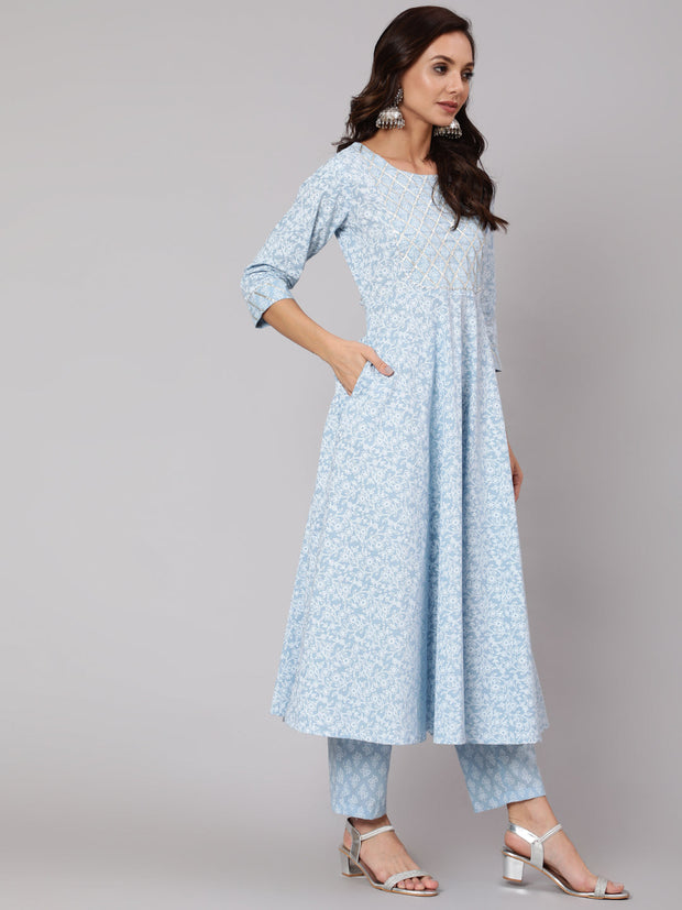 Women Light Blue Floral Printedt Flared Kurta With Trouser And Dupatta