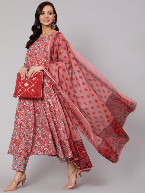 Women Pink Floral Printed Flared Kurta With Trouser With Dupatta