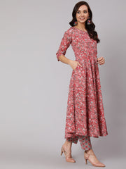 Women Pink Floral Printed Flared Kurta With Trouser With Dupatta