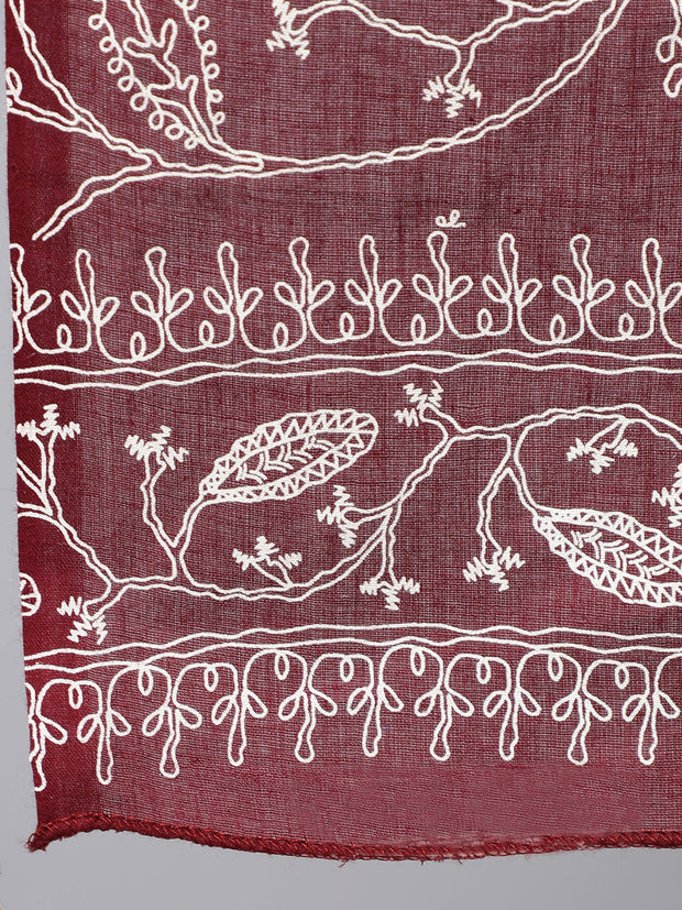 Women Burgundy Printed Flared Kurta With Trouser And Dupatta
