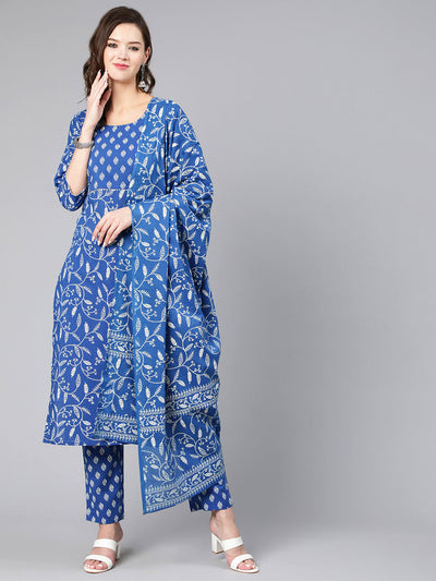 Women Blue Printed Flared Kurta With Trouser And Dupatta