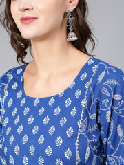 Women Blue Printed Flared Kurta With Trouser And Dupatta