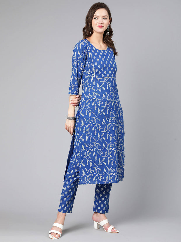 Women Blue Printed Flared Kurta With Trouser And Dupatta