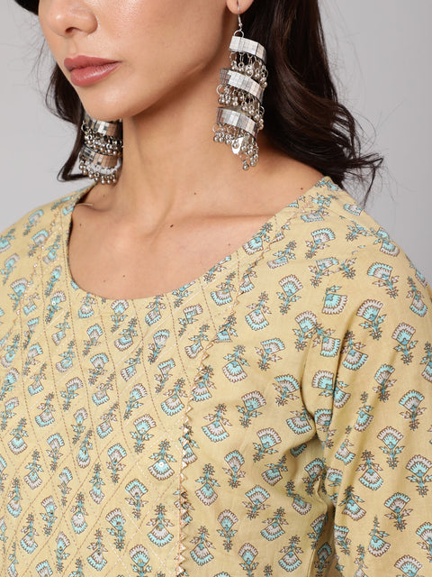 Women Yellow Thread Work Printed Straight Kurta With Three Quarter Sleeves