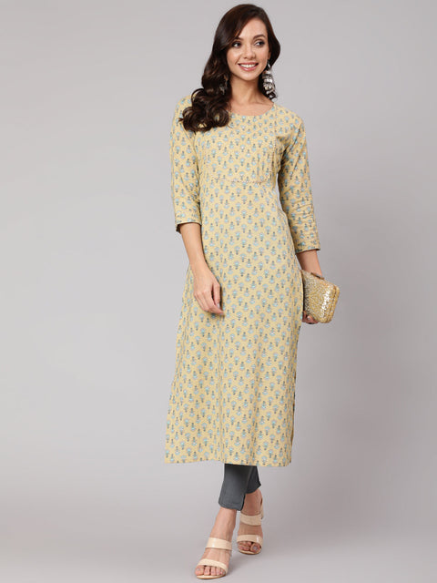 Women Yellow Thread Work Printed Straight Kurta With Three Quarter Sleeves
