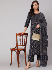 Women Navy Blue Ethnic Printed Straight Kurta With Palazzo And Dupatta