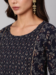 Women Navy Blue Ethnic Printed Straight Kurta With Palazzo And Dupatta