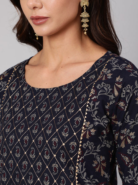 Women Navy Blue Ethnic Printed Straight Kurta With Palazzo And Dupatta