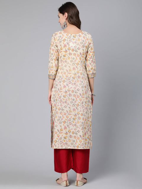 Women Cream Floral Printed Staight Kurta With Three Quarter Sleeves