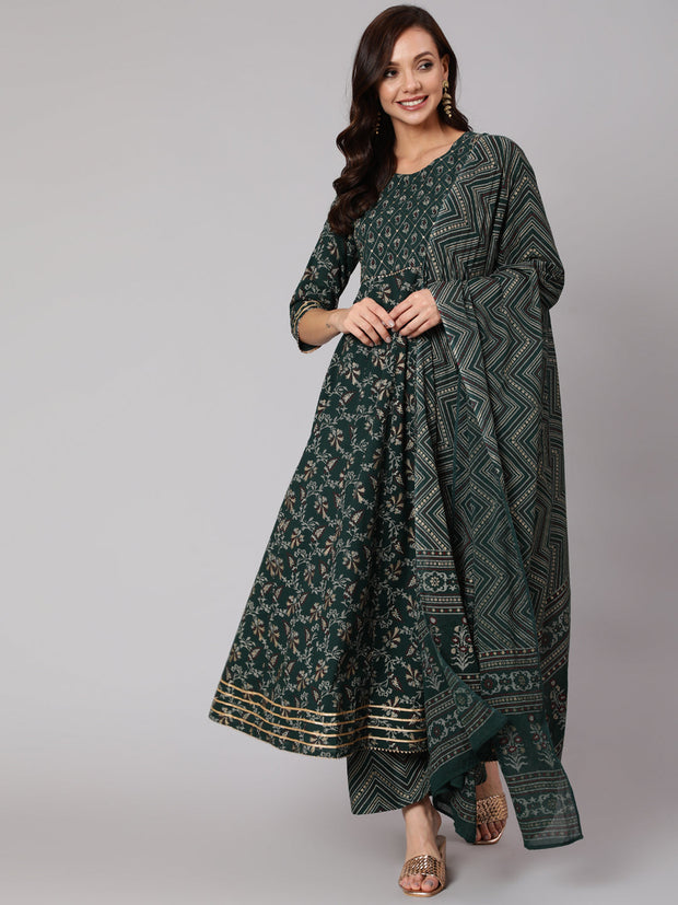 Women Green Printed Flared Kurta With Trouser And Dupatta