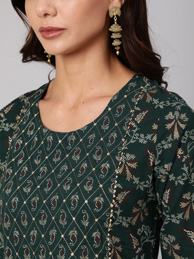 Women Green Printed Flared Kurta With Trouser And Dupatta