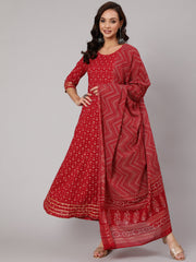Women Red Printed Flared Kurta With Trouser And Dupatta