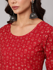 Women Red Printed Flared Kurta With Trouser And Dupatta