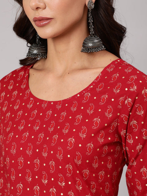Women Red Printed Flared Kurta With Trouser And Dupatta