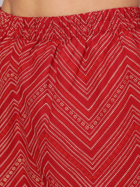 Women Red Printed Flared Kurta With Trouser And Dupatta