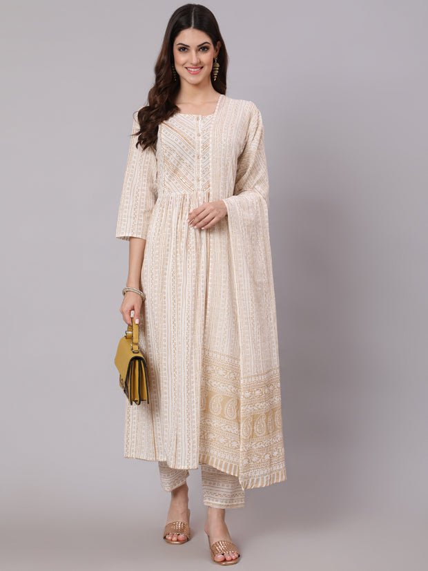 Women White & Gold Sequence Yoke Kurta With Trouser And Dupatta