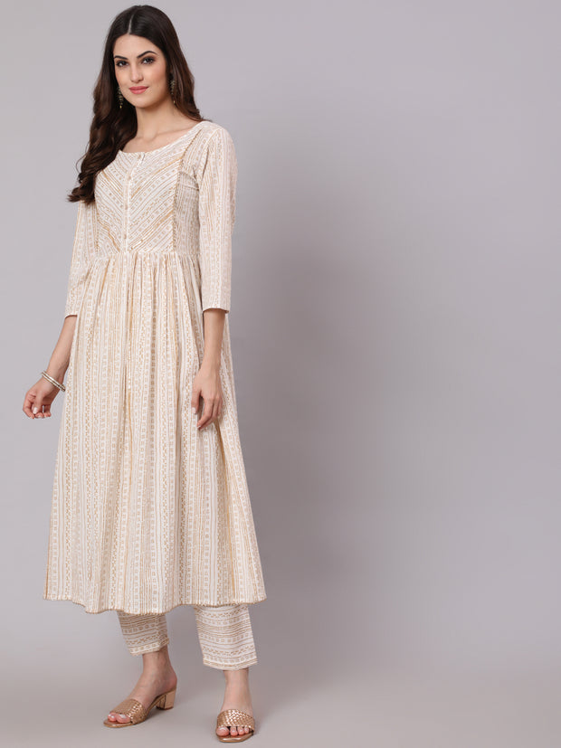 Women White & Gold Sequence Yoke Kurta With Trouser And Dupatta