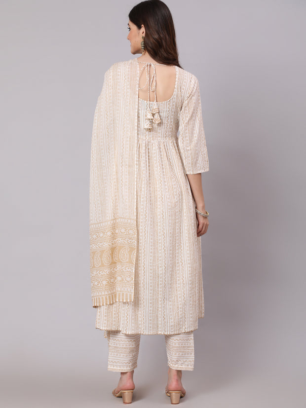 Women White & Gold Sequence Yoke Kurta With Trouser And Dupatta