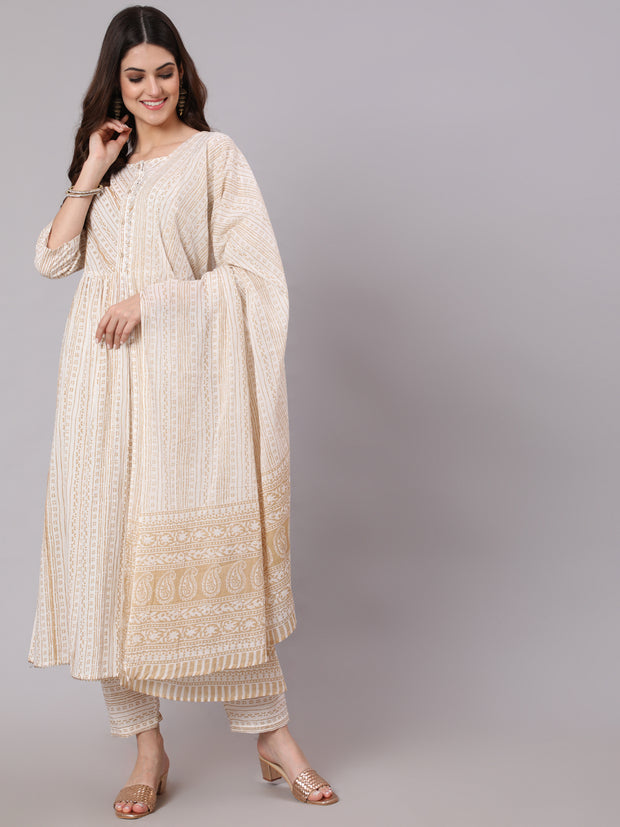 Women White & Gold Sequence Yoke Kurta With Trouser And Dupatta