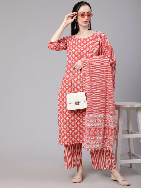 Women Rust Ethnic Printed Kurta With Palazzo And Dupatta