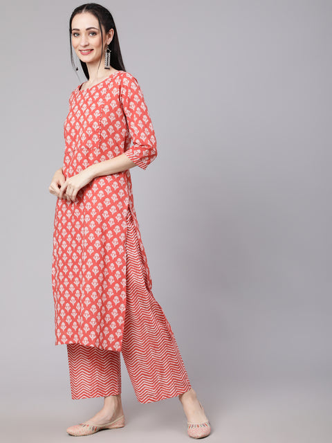 Women Rust Ethnic Printed Kurta With Palazzo And Dupatta