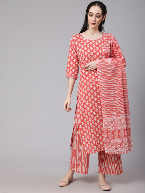 Women Rust Ethnic Printed Kurta With Palazzo And Dupatta