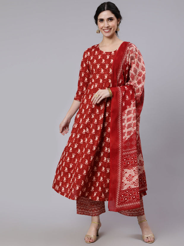 Women Rust Ethnic Printed Flared Kurta With Palazzo and Dupatta