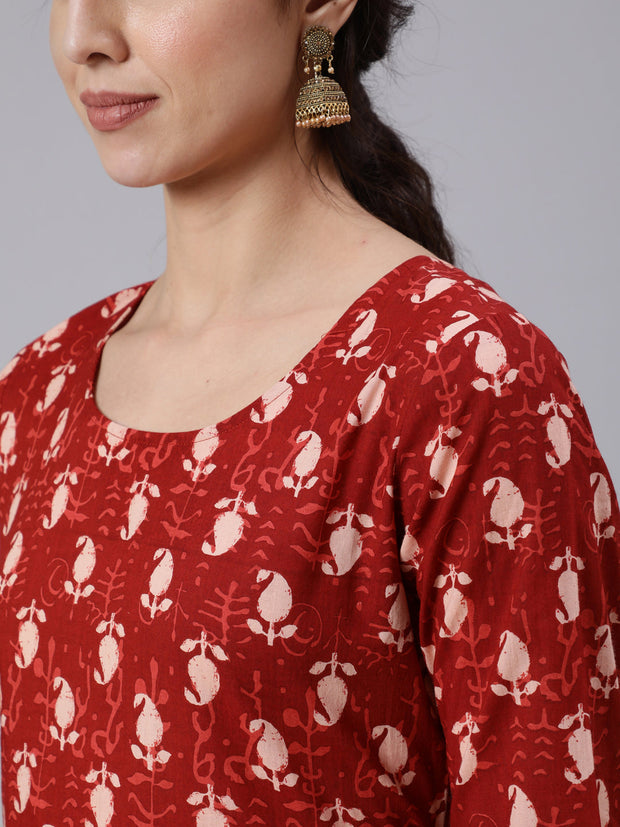 Women Rust Ethnic Printed Flared Kurta With Palazzo and Dupatta