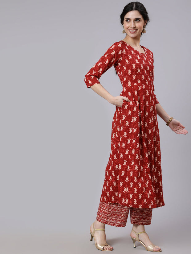 Women Rust Ethnic Printed Flared Kurta With Palazzo and Dupatta