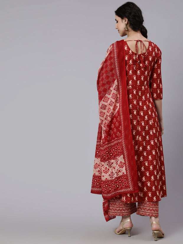 Women Rust Ethnic Printed Flared Kurta With Palazzo and Dupatta