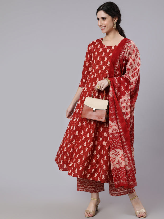 Women Rust Ethnic Printed Flared Kurta With Palazzo and Dupatta